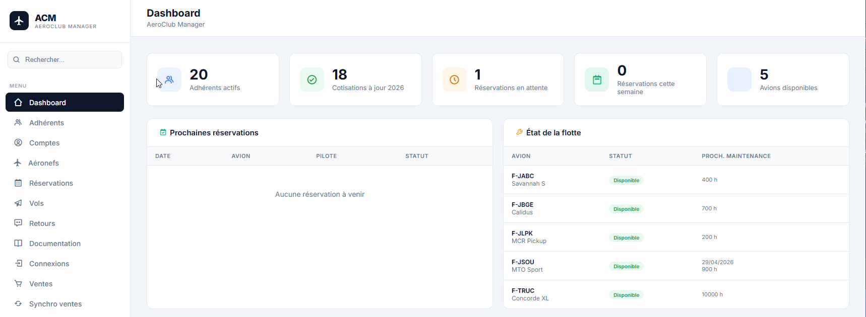 Dashboard AeroClubManager : adhérents, cotisations, réservations, état de la flotte